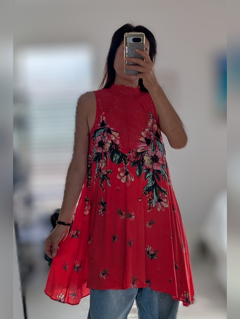 Free People Marsha Orange Red Floral Lace Yoke Slip Swing Dress